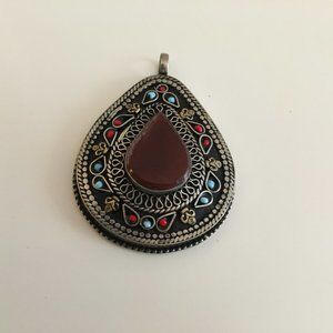 Carnelian Teardrop Tribal Pendant in Alpaca Silver
